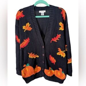 Picone Sport Black Cardigan with Orange Leaf Patterns and Pumpkins